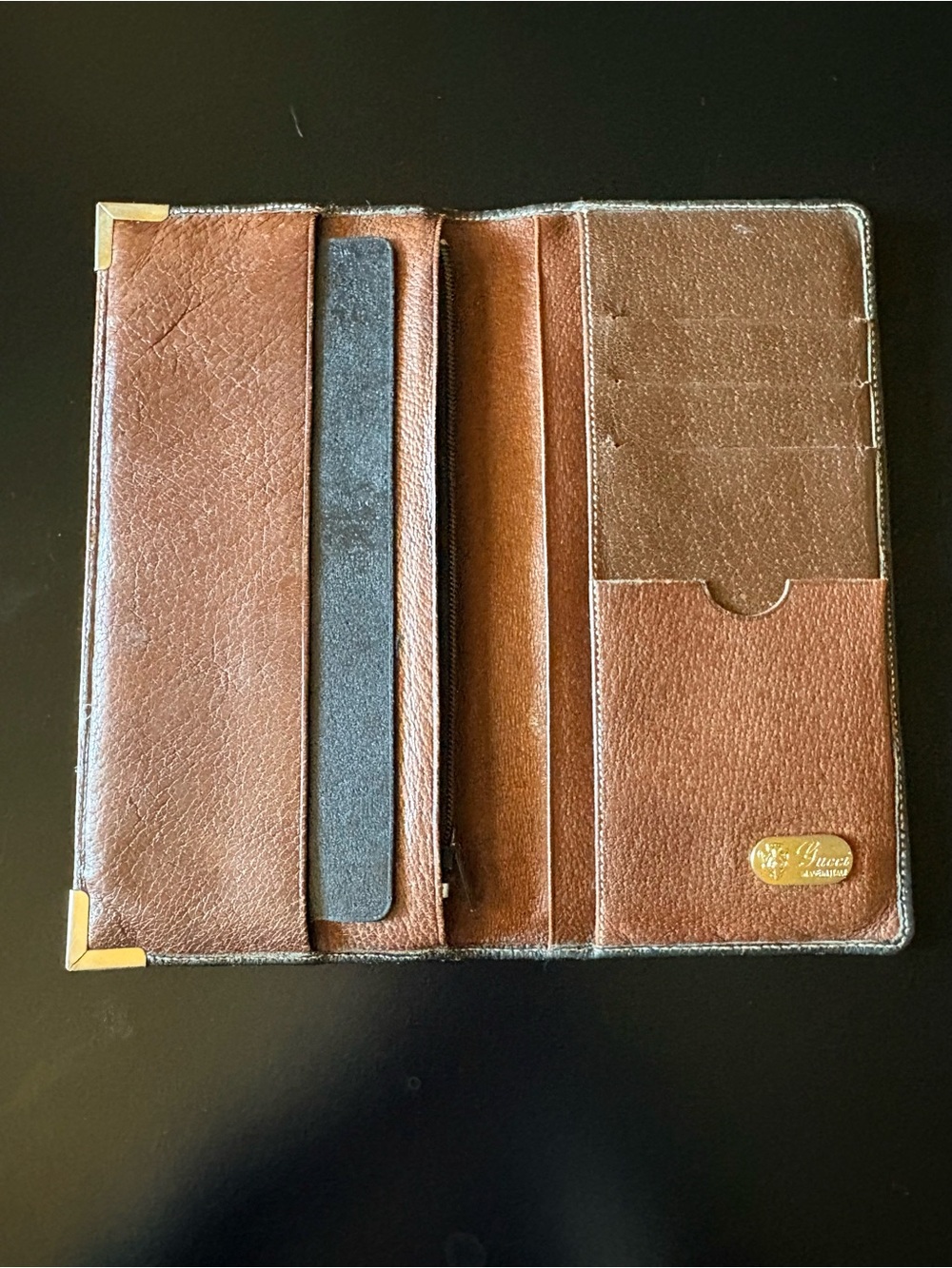 Gucci Vintage Black & Brown Leather Continental Card Holder with Gold Corners - Picture 2 of 2